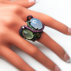 Кольцо с халцедоном, пренитом и самоцветами 900-er