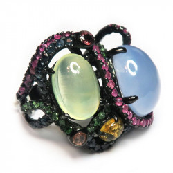 Кольцо с халцедоном, пренитом и самоцветами 900-er