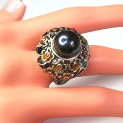 Кольцо с жемчугом, эмалью, рубинами 129-gr