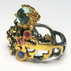 Кольцо с голубым топазом, танзанитом, рубином 1528-er